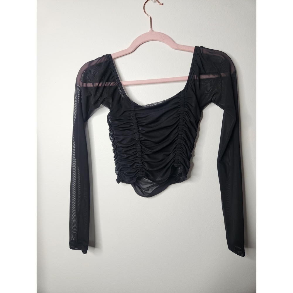 Urban Outfitters Black‎ Mesh Ruched Long Sleeve Square Neck Crop Top - Picture 4 of 5